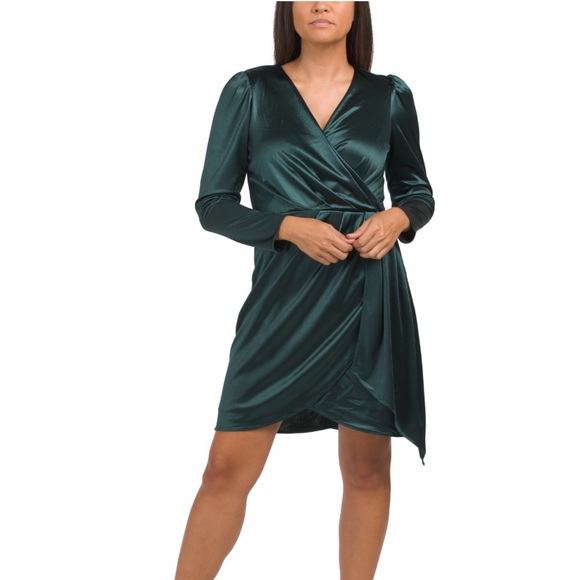 Long sleeve faux wrap green satin dress